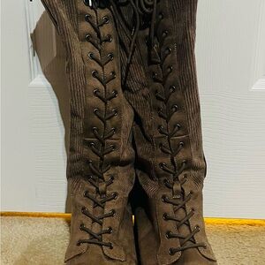 Brown Lace-Up Knee-High Boots